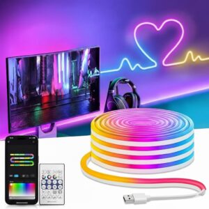 ceiling led strip lights Desidiya RGB neon LED 5M strip light with app control, remote control, and music sync feature.