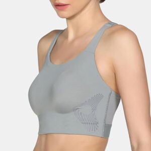 zelocity sports bra in Wild Dove front view with moisture-wicking fabric for high-impact workouts.