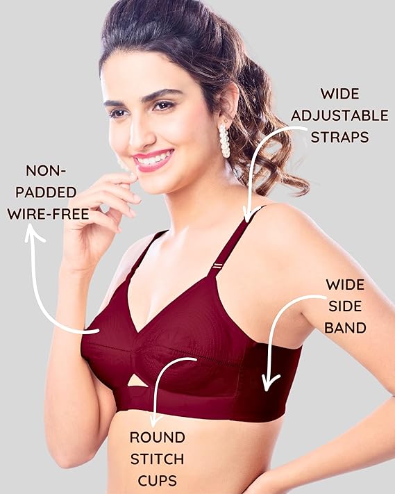 brida bra Kavya Xtra Soft Cotton Round Stitch Bra in Maroon with full coverage and wire-free comfort.