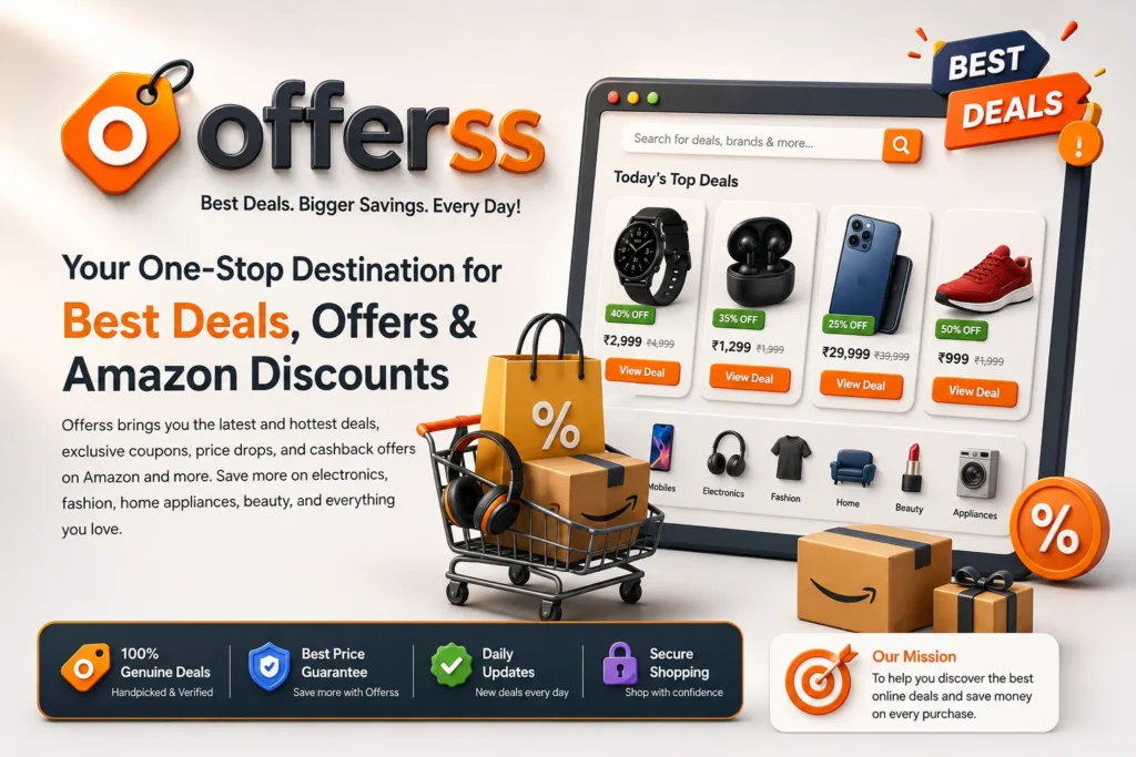 3D illustration of the Offerss deals website featuring Amazon offers, shopping cart, discount badges, electronics, fashion, home appliances, and daily online shopping deals.