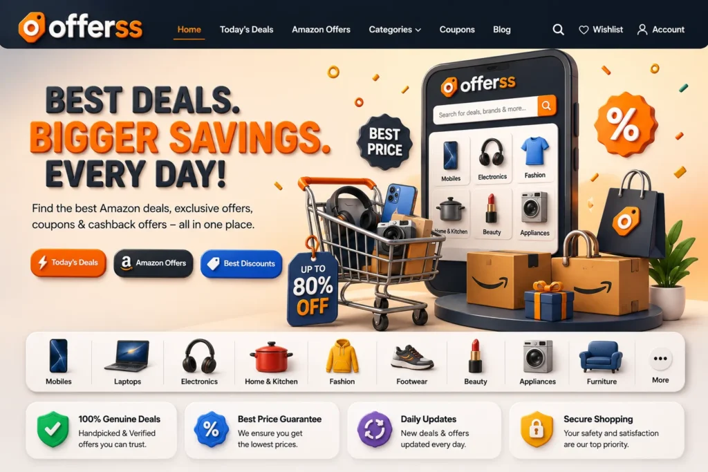 Professional 3D shopping illustration showing the Offerss website with Amazon deals, discount labels, shopping cart, smartphones, electronics, fashion products, and secure online shopping features.