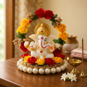 small ganesh statue for gift made of resin and metal with red yellow gold finish on handcrafted decorative plate