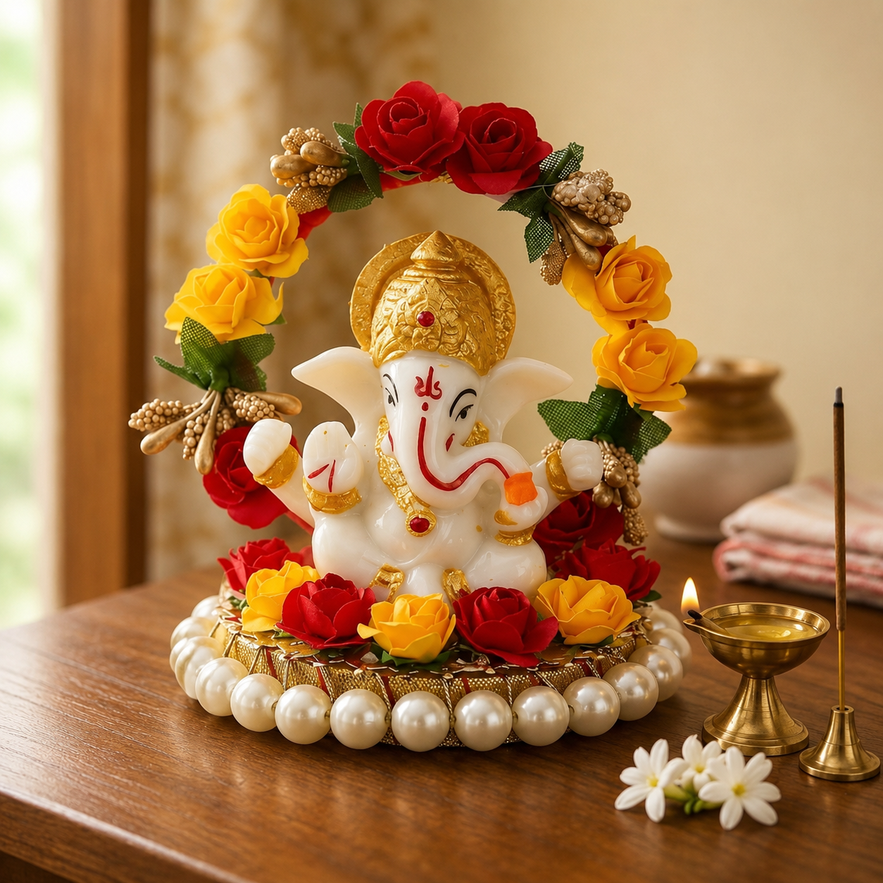 small ganesh statue for gift made of resin and metal with red yellow gold finish on handcrafted decorative plate